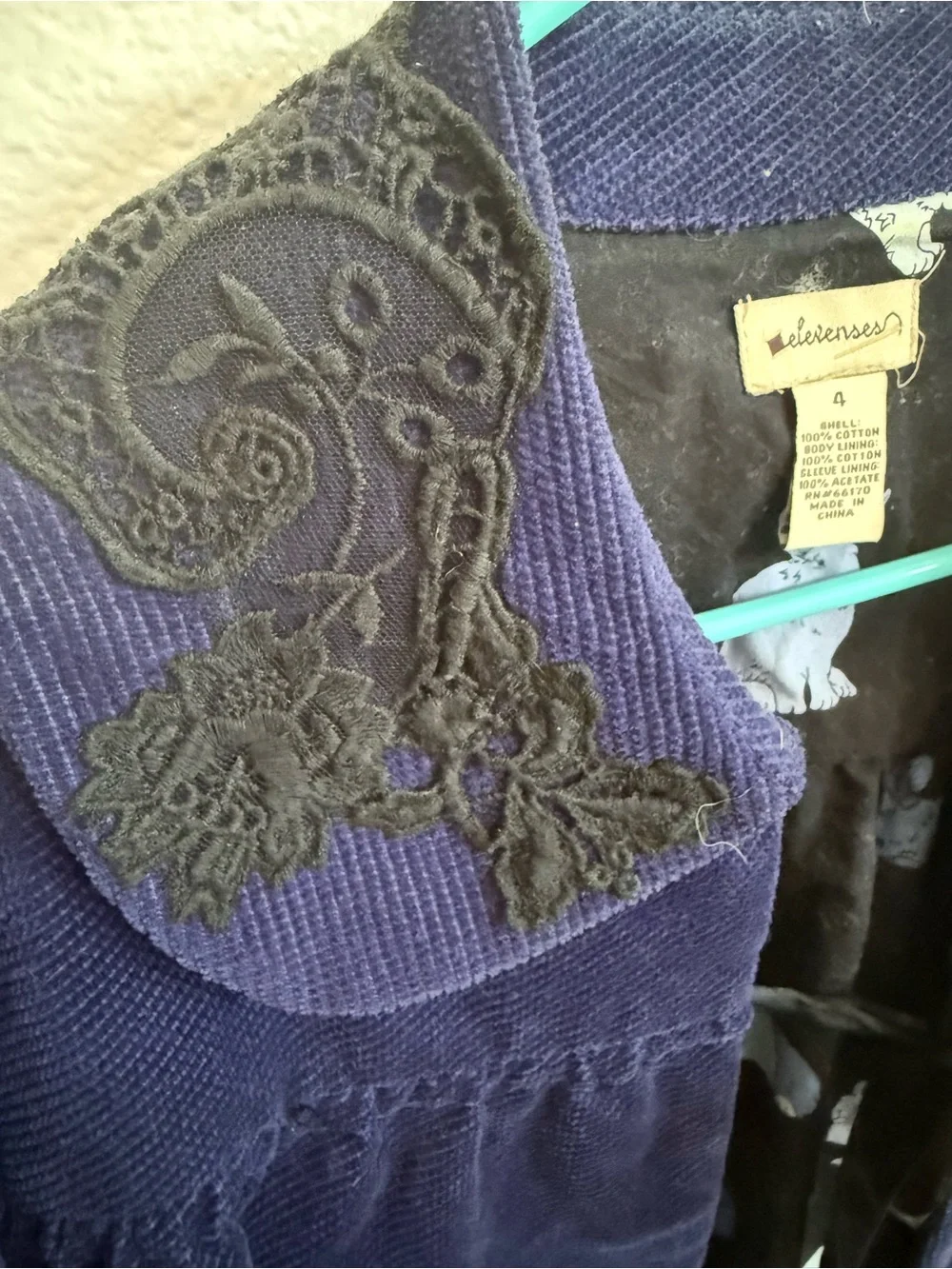 Wildflowers Girls' Navy Blue Corduroy Jacket with Black Lace Collar
